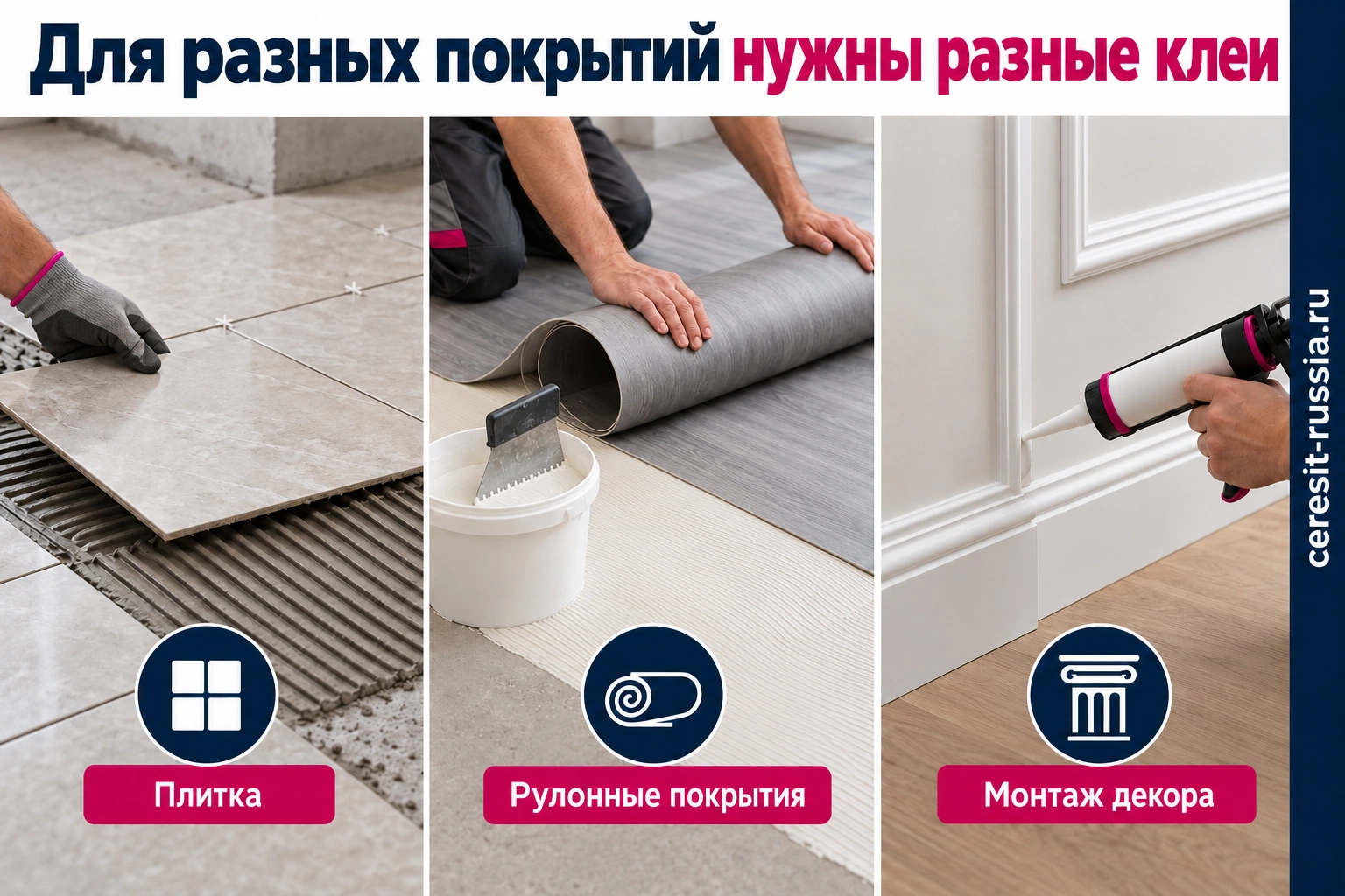 Клеи для плитки, рулонных напольных покрытий и монтажа декора