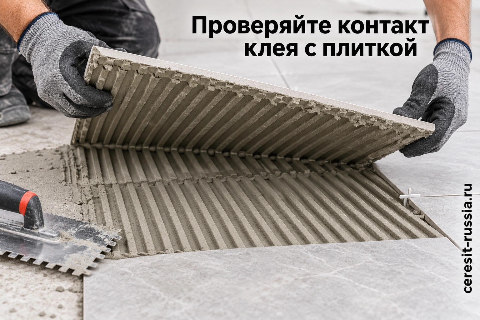 Проверка переноса клея на тыльную поверхность плитки