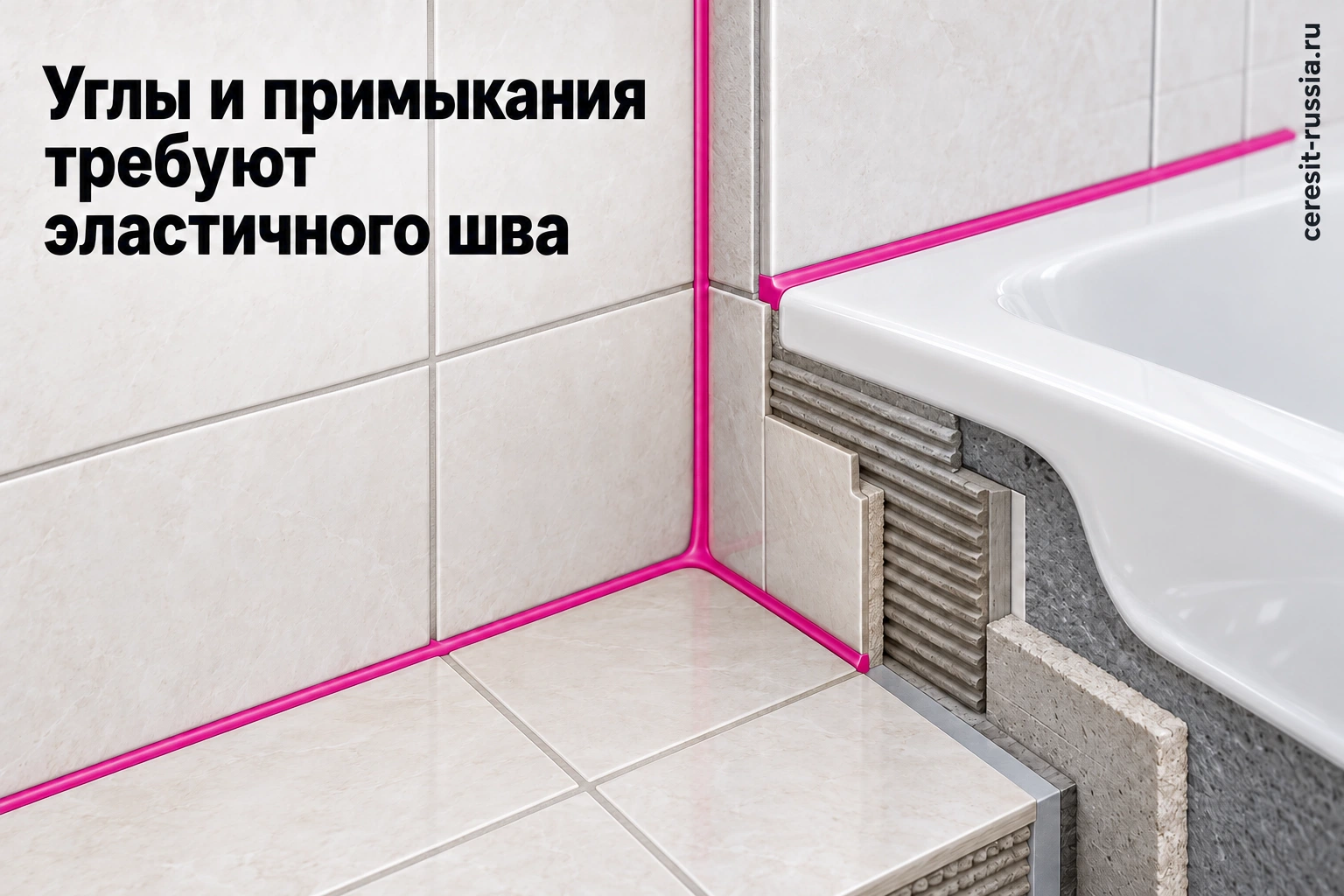 Эластичные швы во внутренних углах и у борта ванны