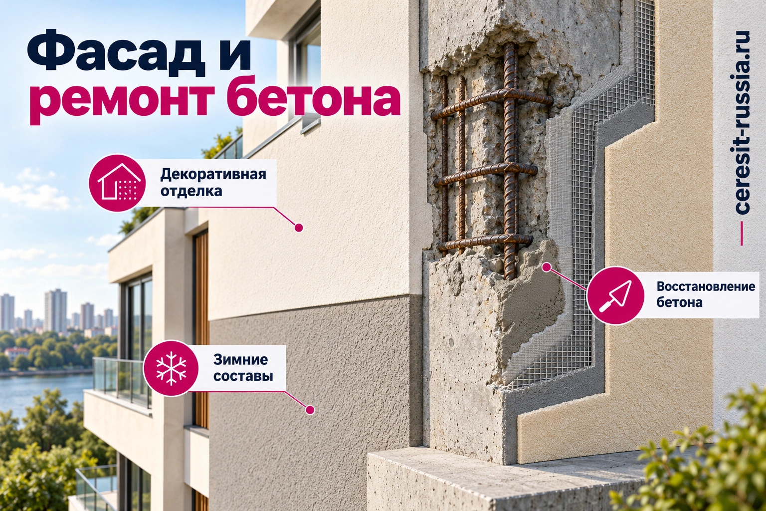 Материалы Церезит для декоративной отделки фасада и ремонта бетона